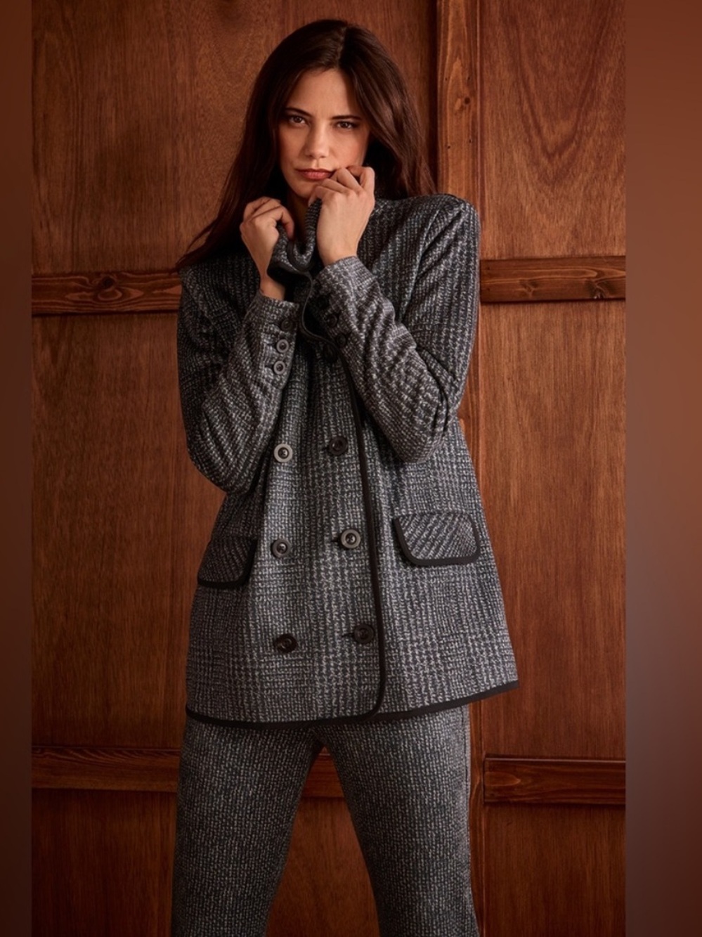 Cabi Chill Jacket Grey Black Plaid Double Breasted High Funnel Neckline